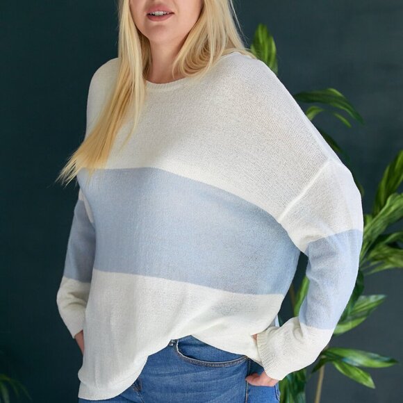 DAVI & DANI Plus Size Light Blue & White Colorblock Lightweight Sweater, Casual - Picture 7 of 9
